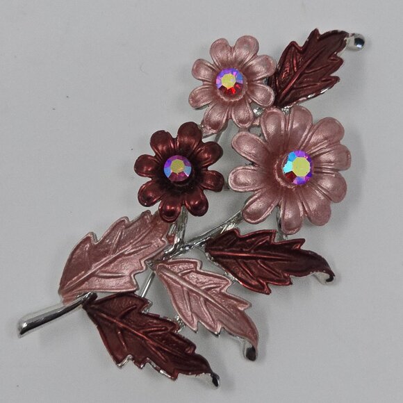 Vintage Floral Brooch Pink Burgundy Enamel AB Rhinestones Silver Tone Pin - Picture 3 of 10